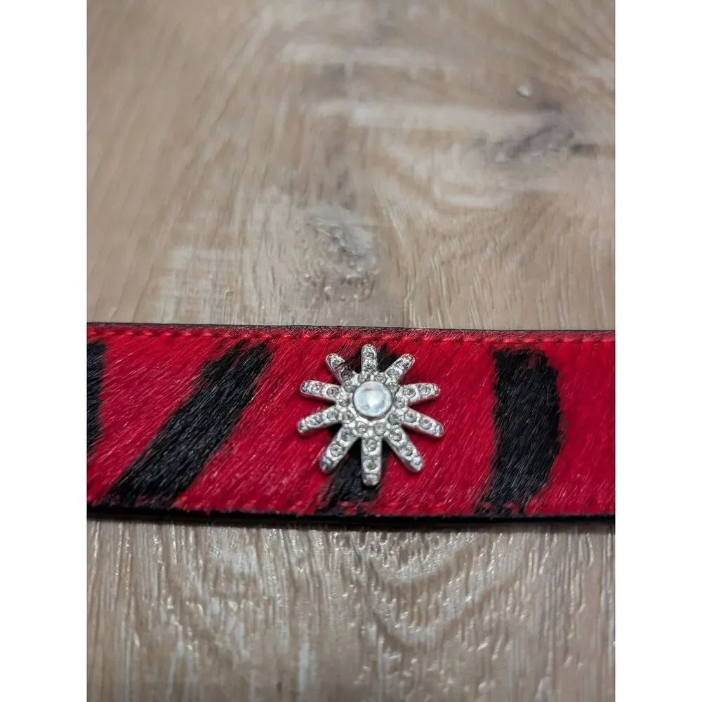 3D Leather Kids Small Red Zebra Hair-on-Hide Belt Western Rhinestone No Buckle